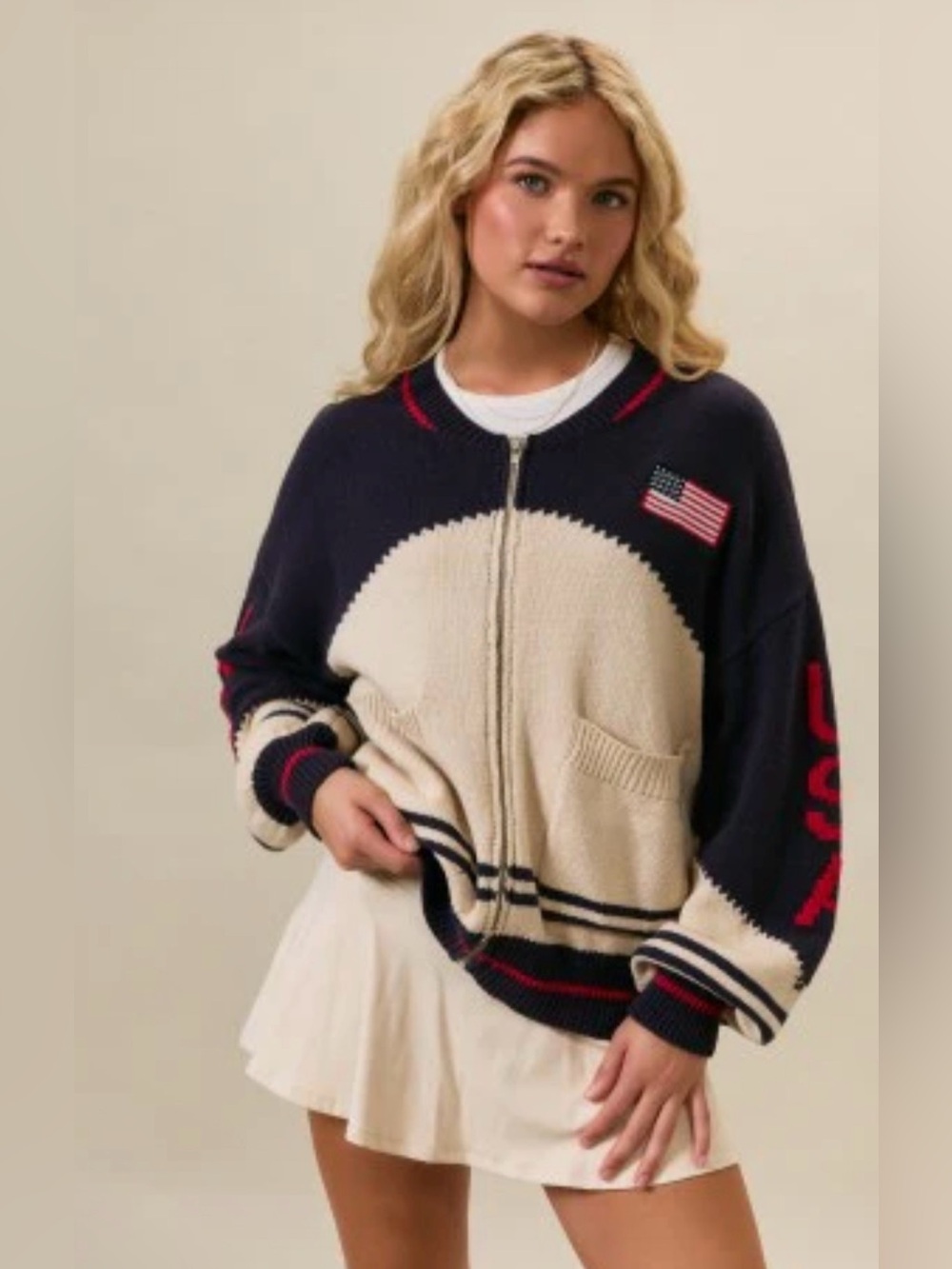 41. Le Lis Navy & Cream Zip-Front Knit Cardigan